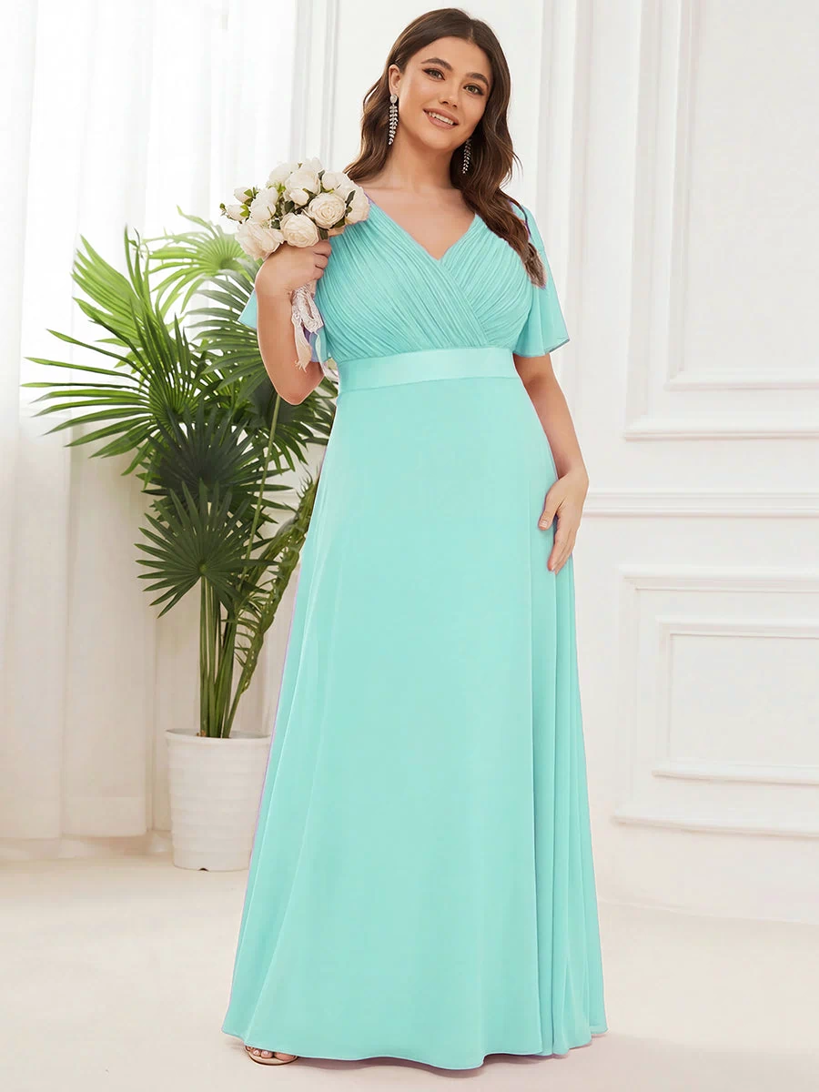 Long Empire Waist Evening Dress with Short Flutter Sleeves #color_Pastel blue