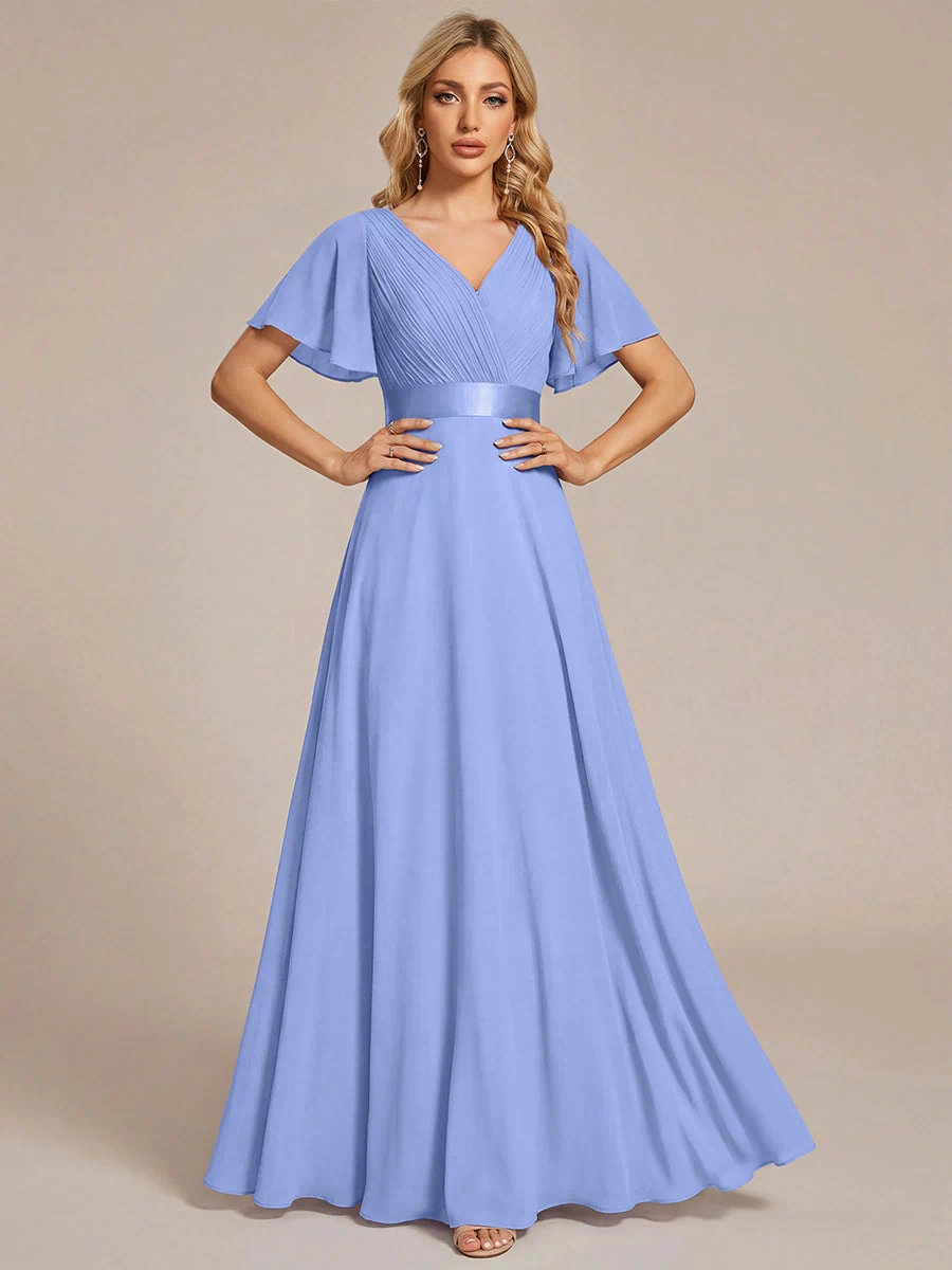 Long Empire Waist Evening Dress with Short Flutter Sleeves #color_CornflowerBlue