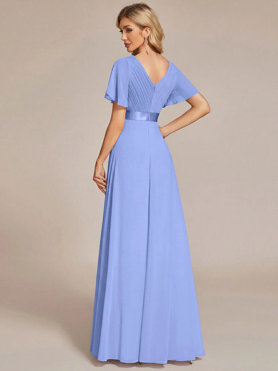 Long Empire Waist Evening Dress with Short Flutter Sleeves #color_CornflowerBlue
