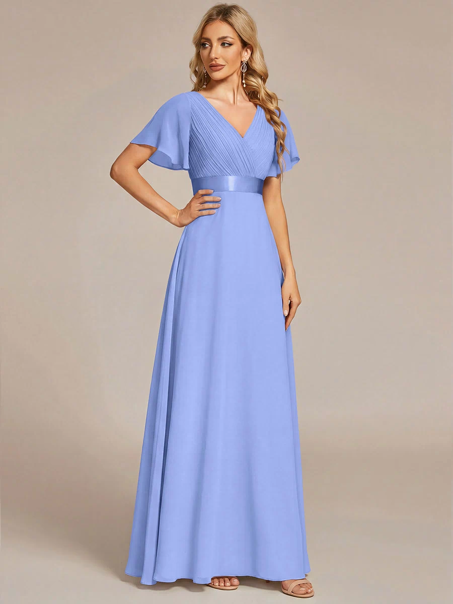 Long Empire Waist Evening Dress with Short Flutter Sleeves #color_CornflowerBlue