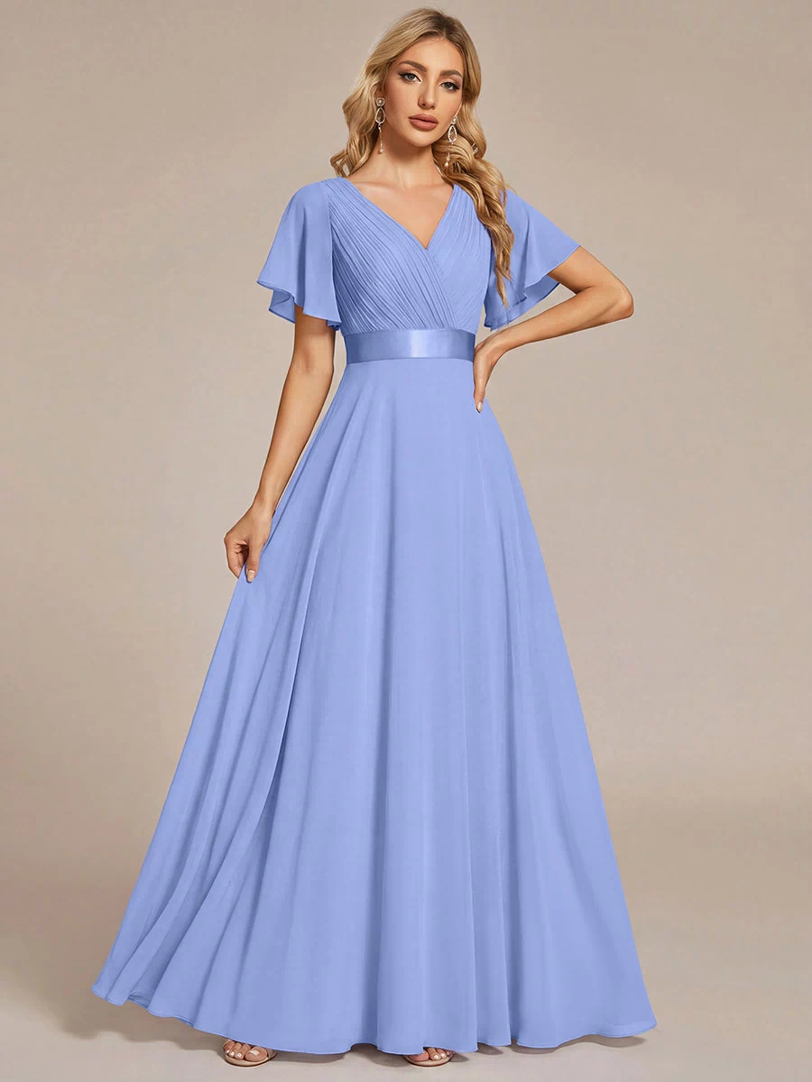 Long Empire Waist Evening Dress with Short Flutter Sleeves #color_CornflowerBlue