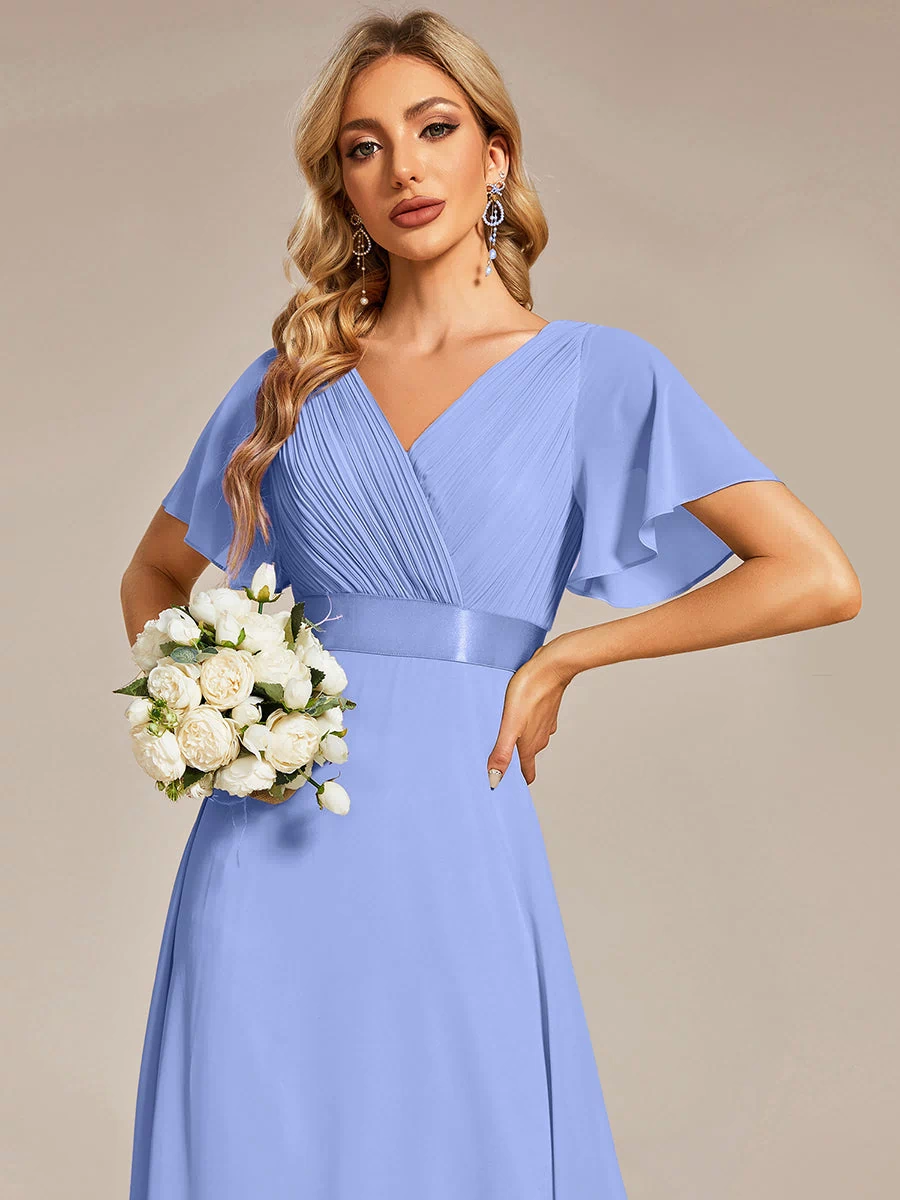 Long Empire Waist Evening Dress with Short Flutter Sleeves #color_CornflowerBlue