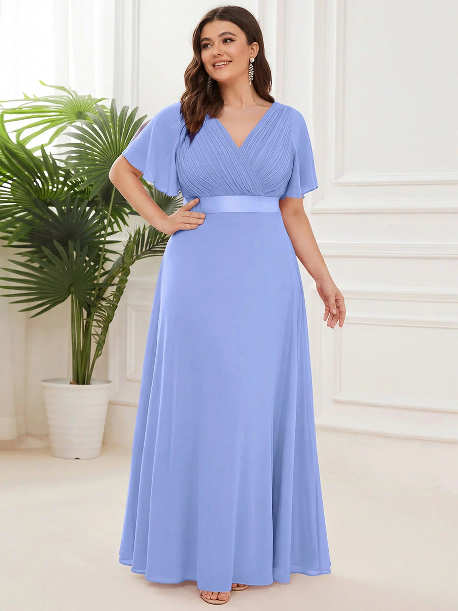 Long Empire Waist Evening Dress with Short Flutter Sleeves #color_CornflowerBlue