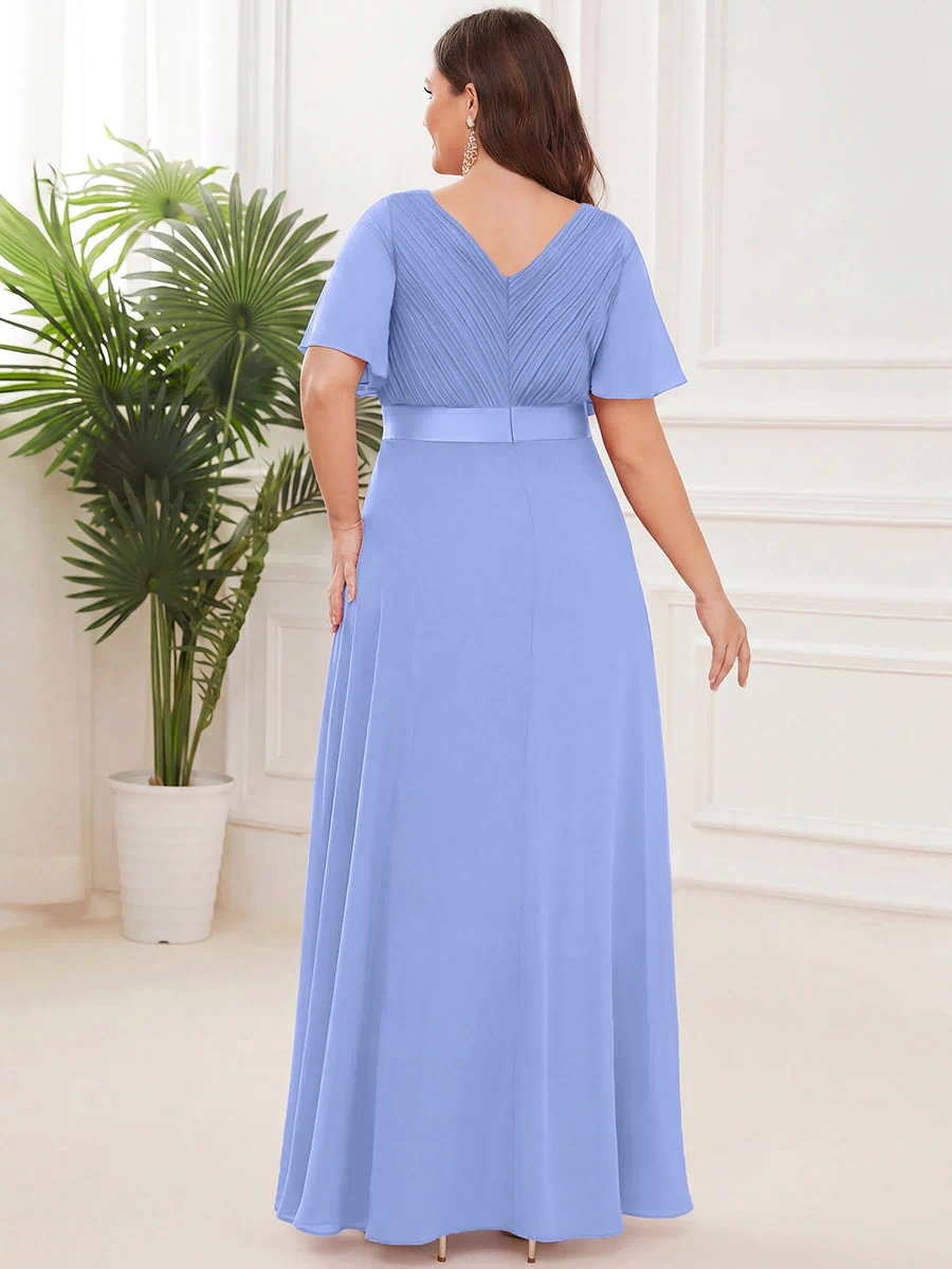 Long Empire Waist Evening Dress with Short Flutter Sleeves #color_CornflowerBlue