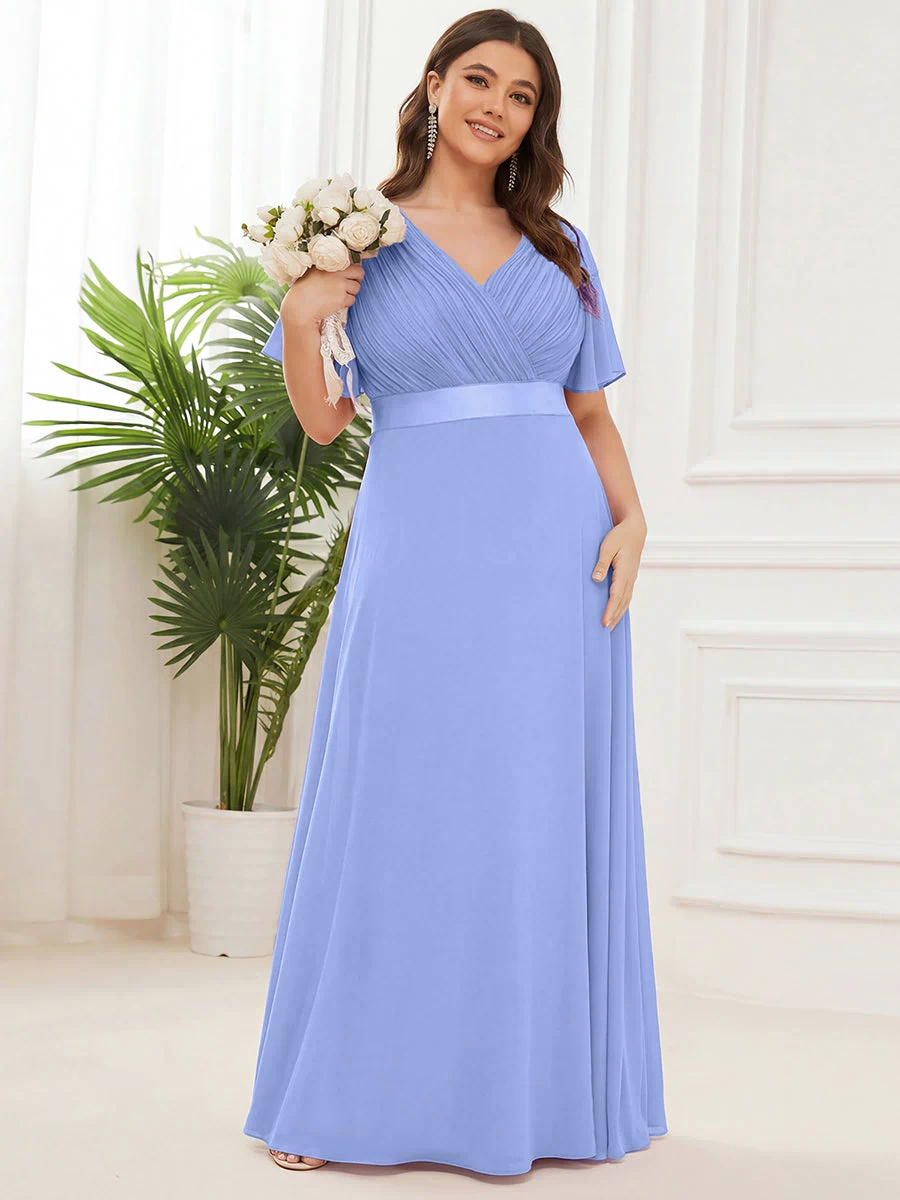 Long Empire Waist Evening Dress with Short Flutter Sleeves #color_CornflowerBlue