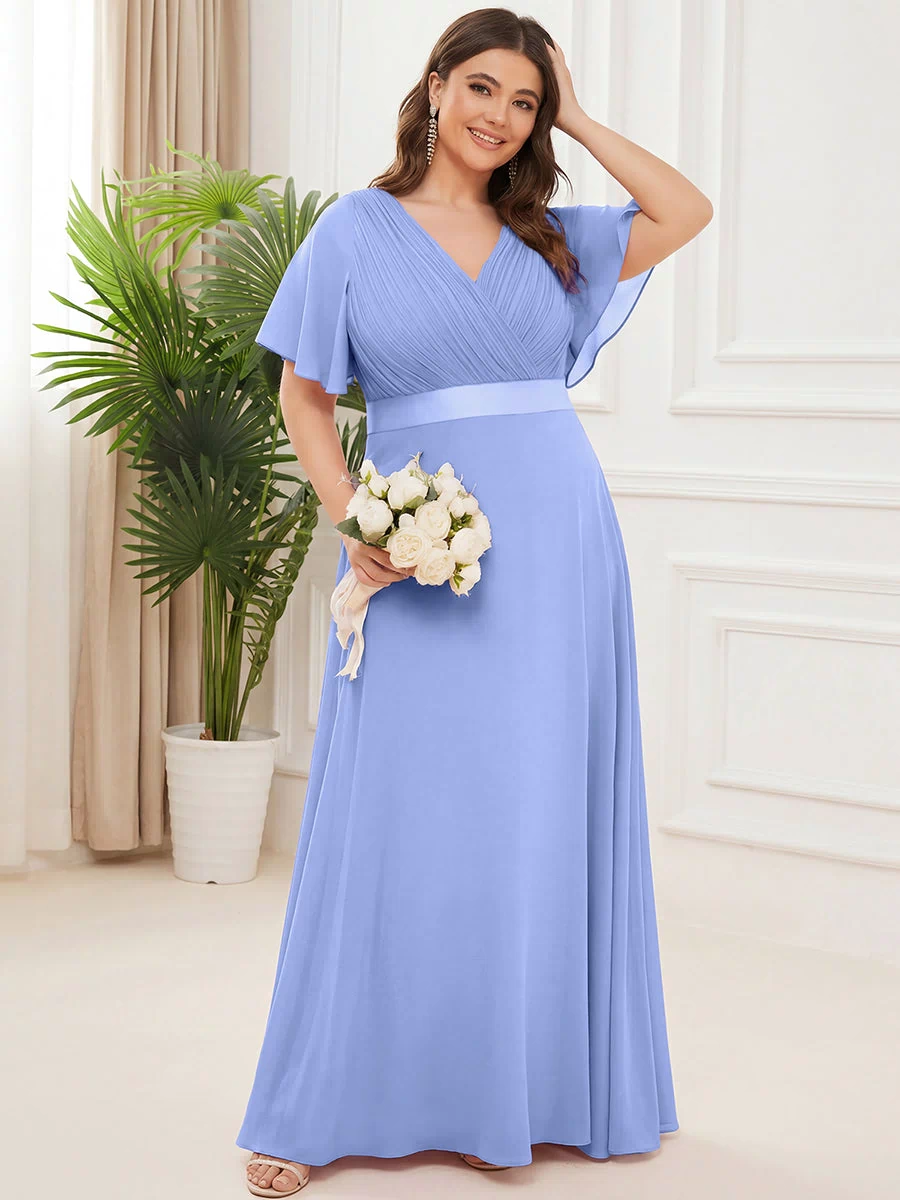 Long Empire Waist Evening Dress with Short Flutter Sleeves #color_CornflowerBlue