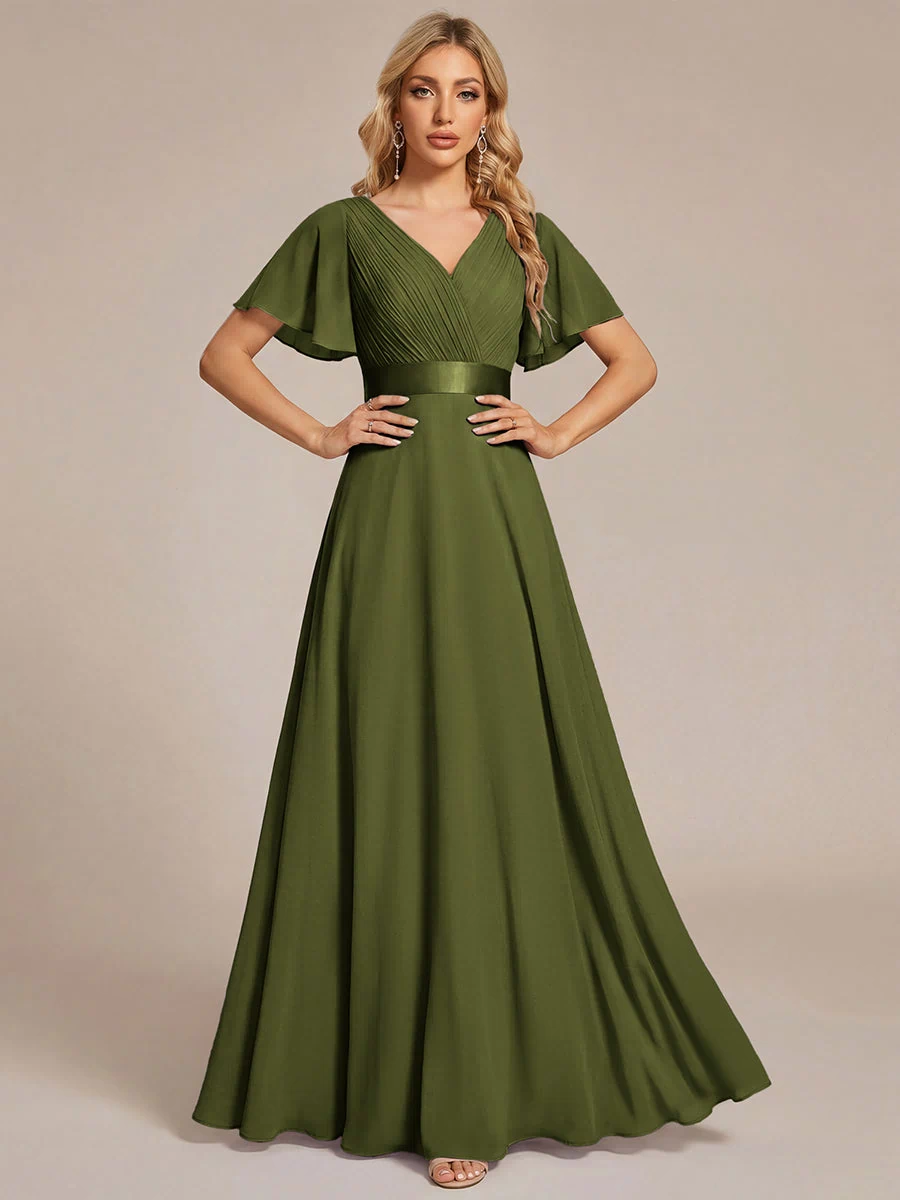 Long Empire Waist Evening Dress with Short Flutter Sleeves #color_Olive Green