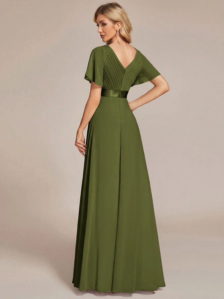 Long Empire Waist Evening Dress with Short Flutter Sleeves #color_Olive Green