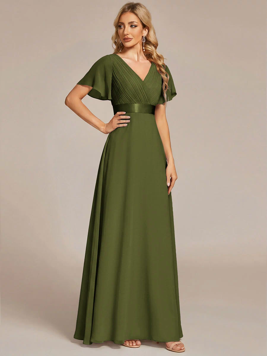 Long Empire Waist Evening Dress with Short Flutter Sleeves #color_Olive Green