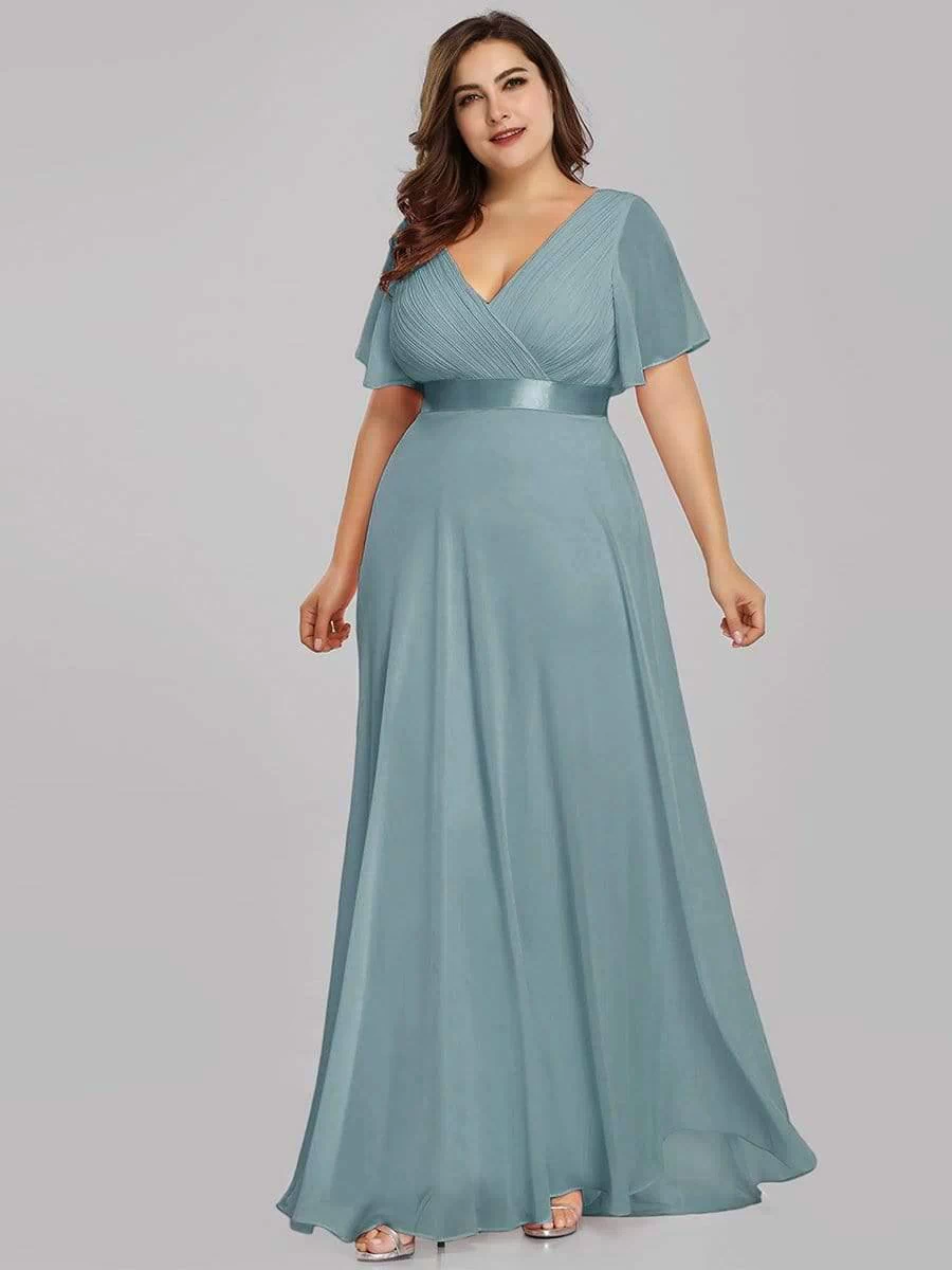 Long Empire Waist Evening Dress with Short Flutter Sleeves #color_Light Teal