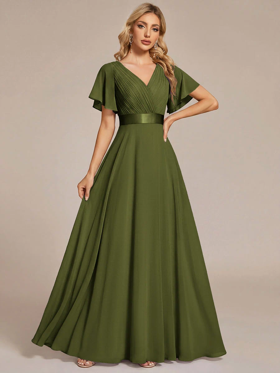 Long Empire Waist Evening Dress with Short Flutter Sleeves #color_Olive Green