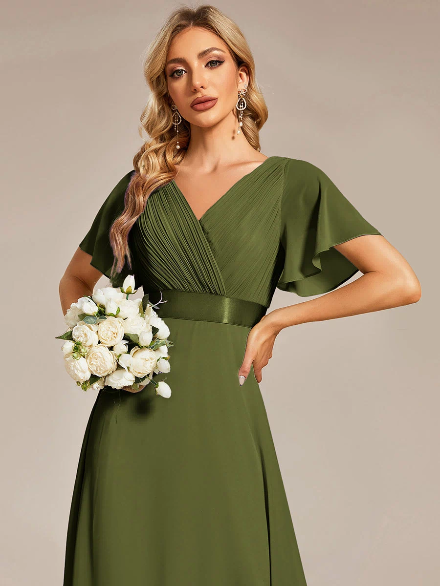 Long Empire Waist Evening Dress with Short Flutter Sleeves #color_Olive Green