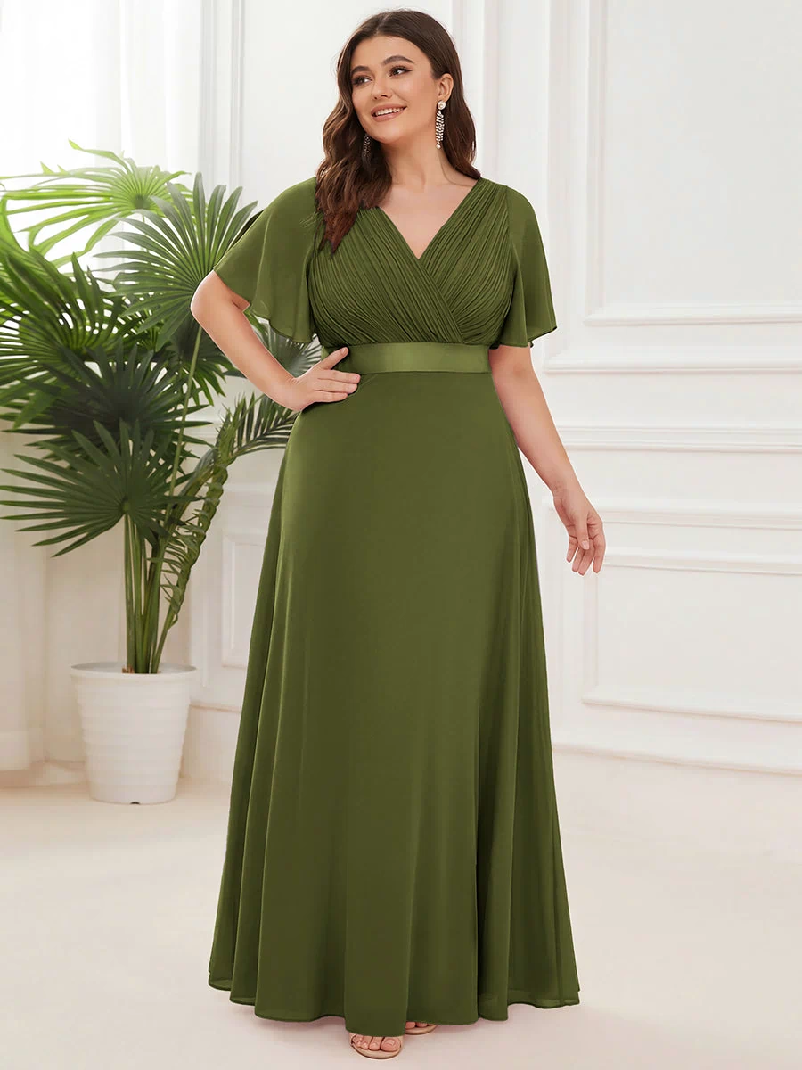 Long Empire Waist Evening Dress with Short Flutter Sleeves #color_Olive Green