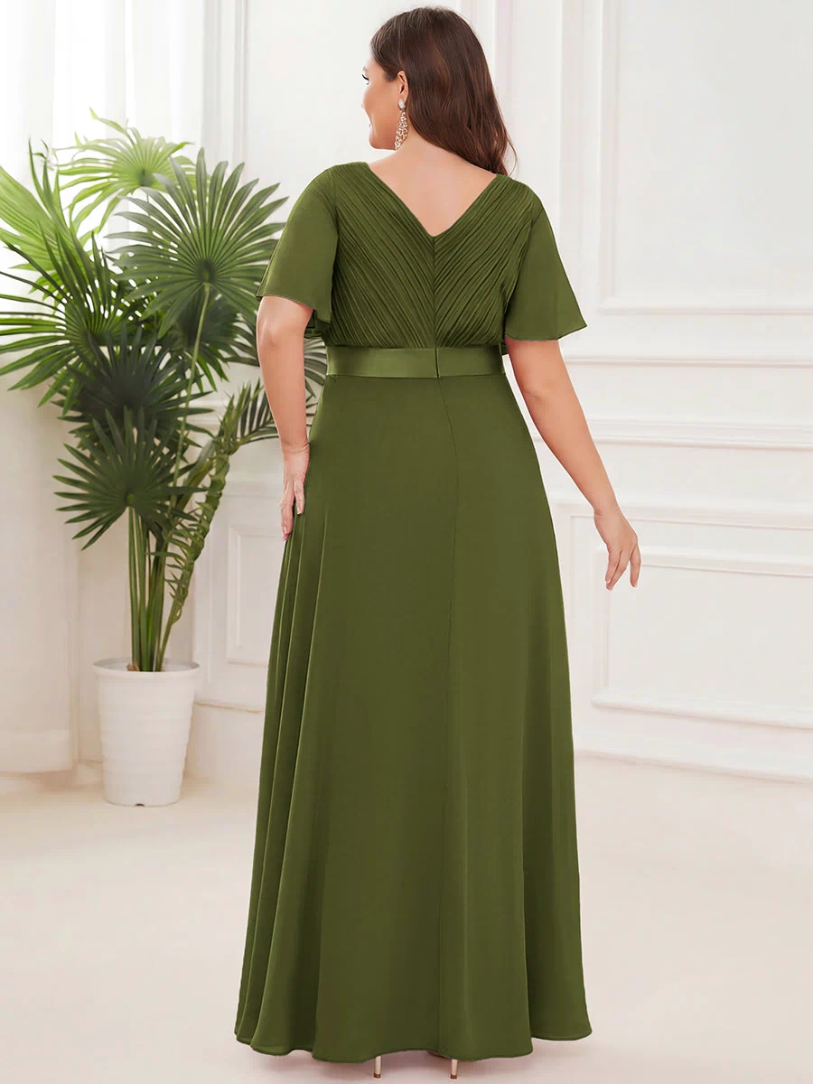 Long Empire Waist Evening Dress with Short Flutter Sleeves #color_Olive Green