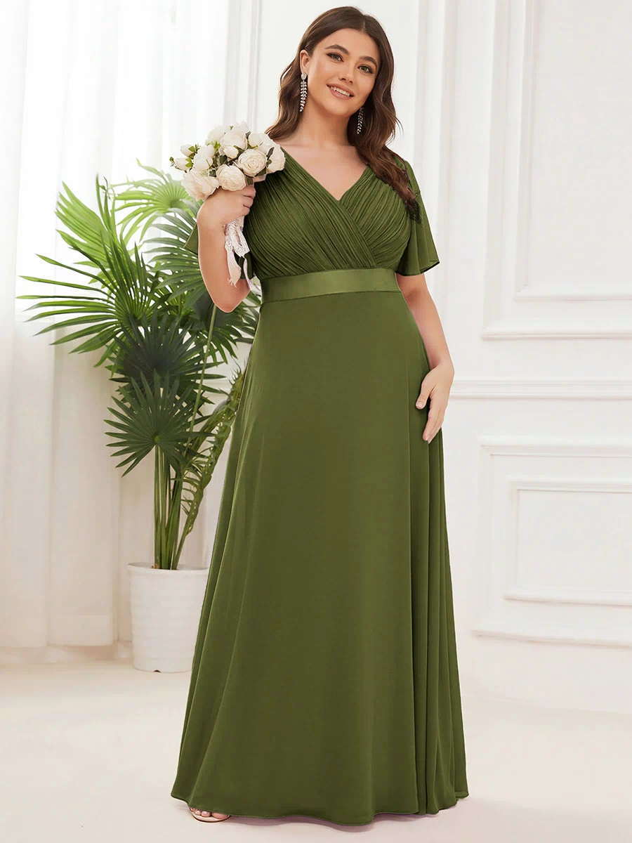 Long Empire Waist Evening Dress with Short Flutter Sleeves #color_Olive Green