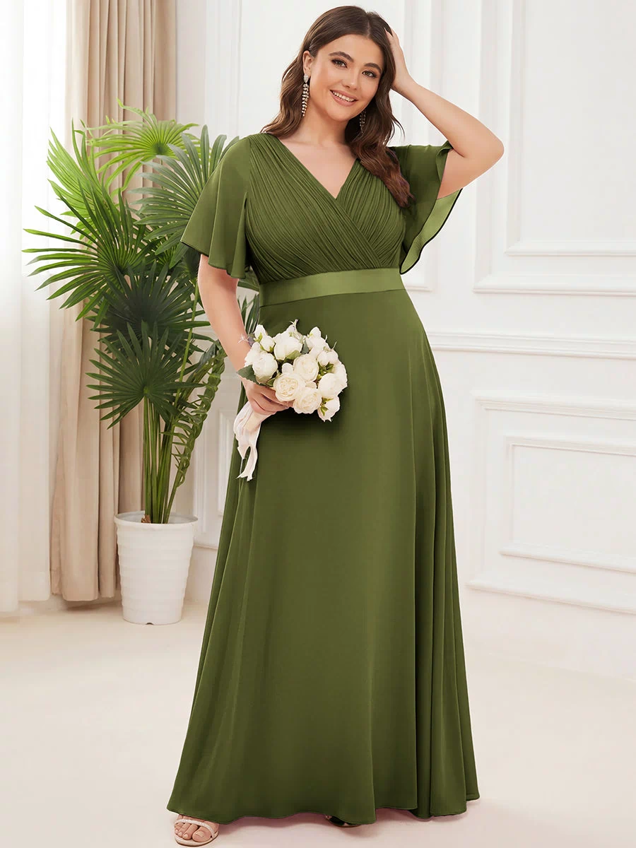 Long Empire Waist Evening Dress with Short Flutter Sleeves #color_Olive Green