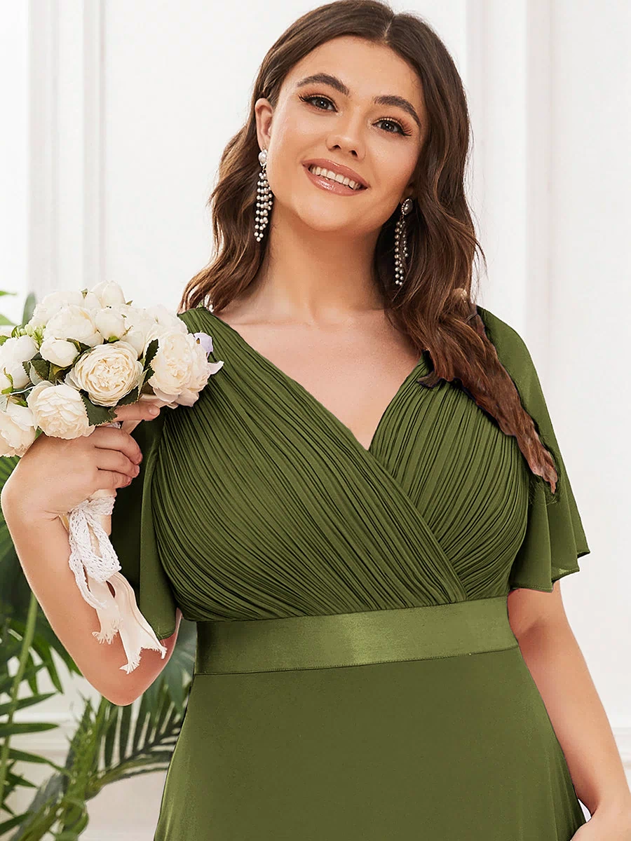 Long Empire Waist Evening Dress with Short Flutter Sleeves #color_Olive Green