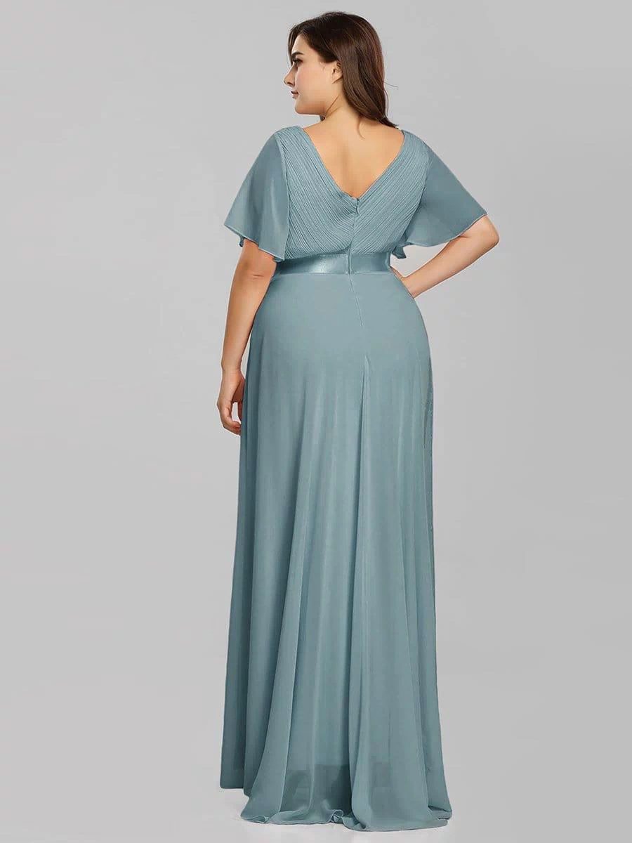 Long Empire Waist Evening Dress with Short Flutter Sleeves #color_Light Teal