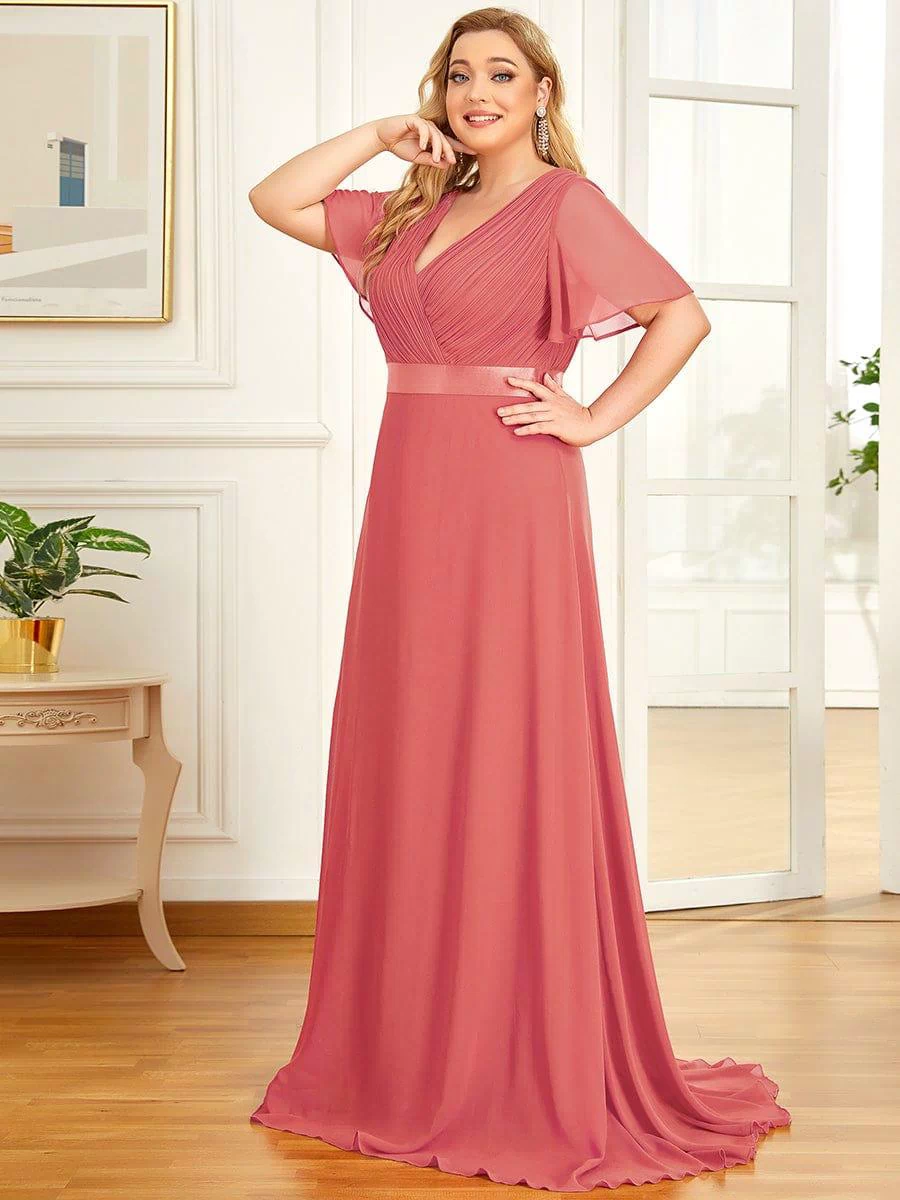 Long Empire Waist Evening Dress with Short Flutter Sleeves #color_Coral