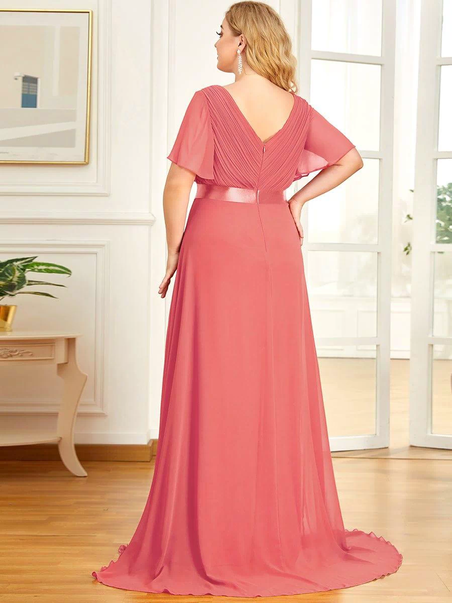 Long Empire Waist Evening Dress with Short Flutter Sleeves #color_Coral