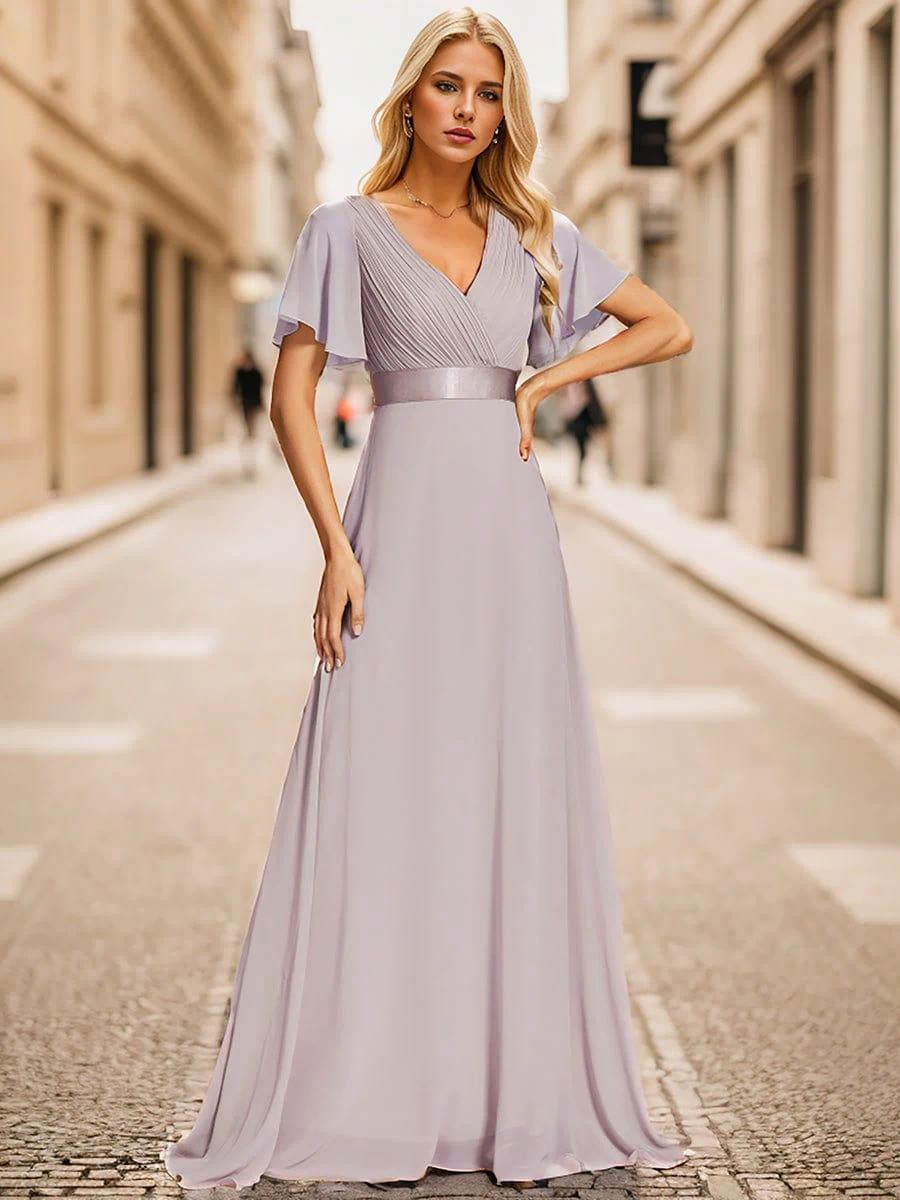 Long Empire Waist Evening Dress with Short Flutter Sleeves #color_Lilac