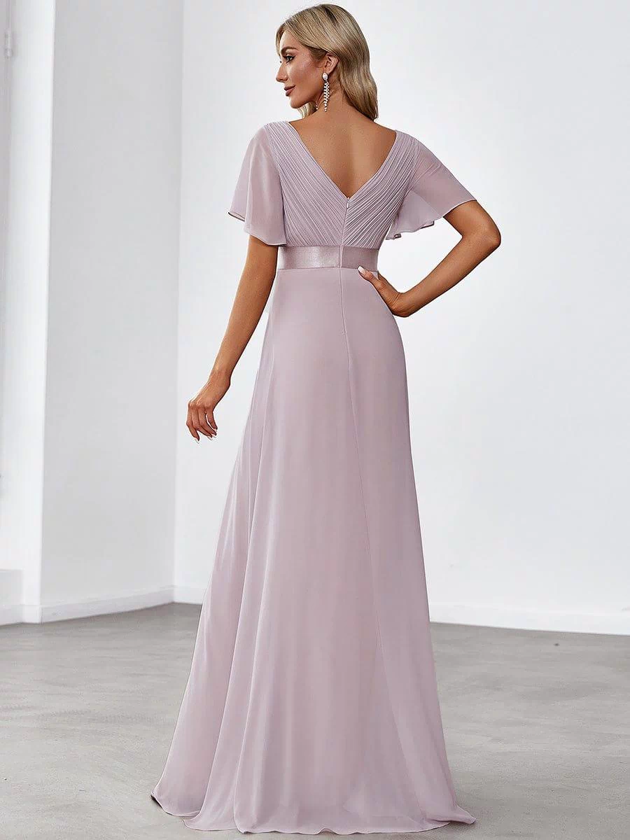 Long Empire Waist Evening Dress with Short Flutter Sleeves #color_Lilac