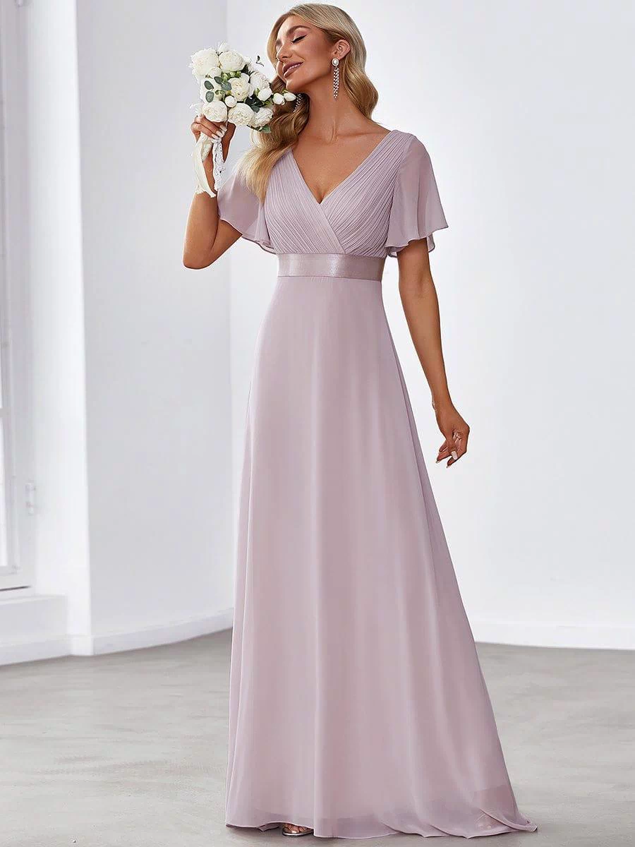 Long Empire Waist Evening Dress with Short Flutter Sleeves #color_Lilac