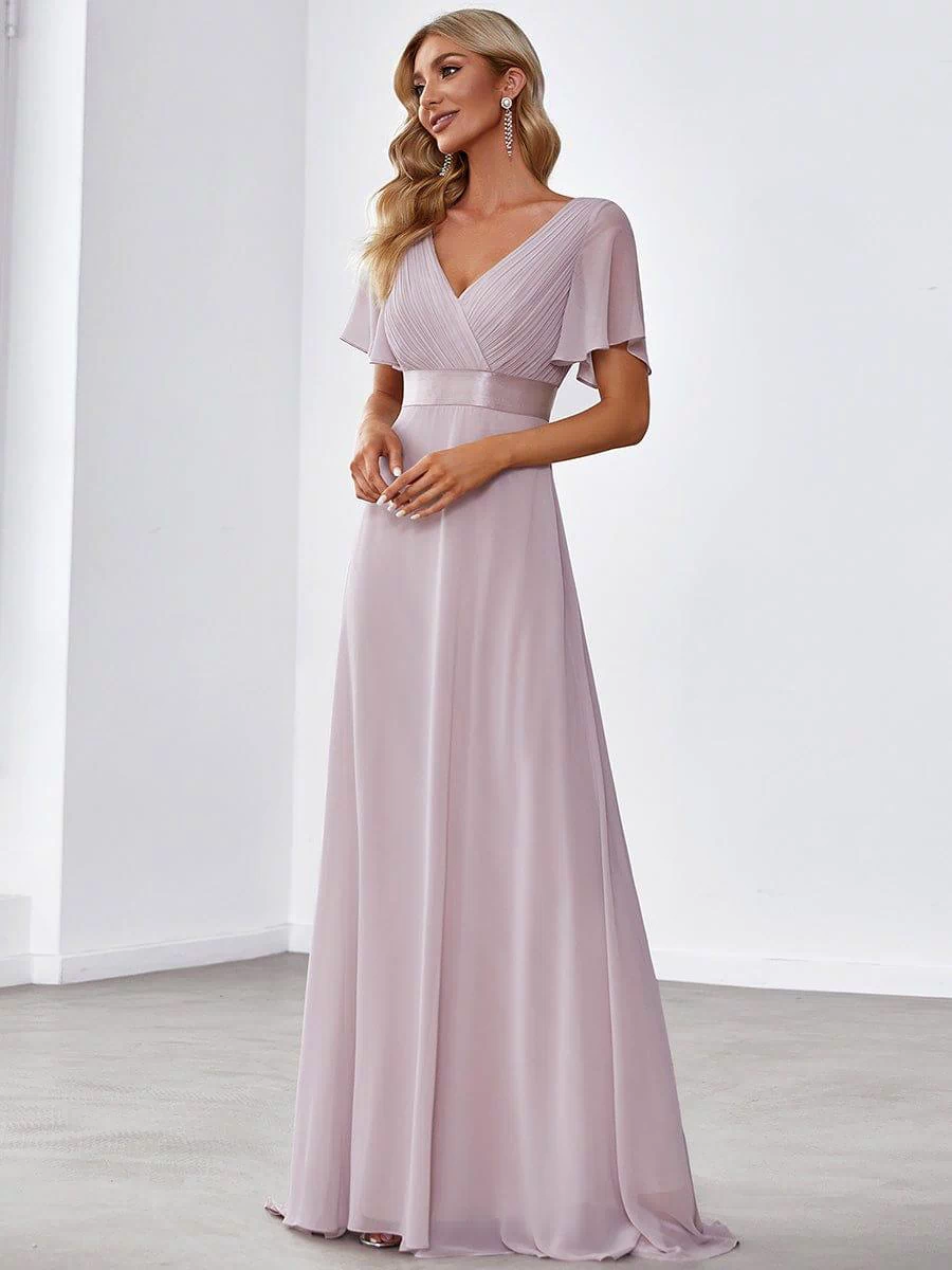 Long Empire Waist Evening Dress with Short Flutter Sleeves #color_Lilac