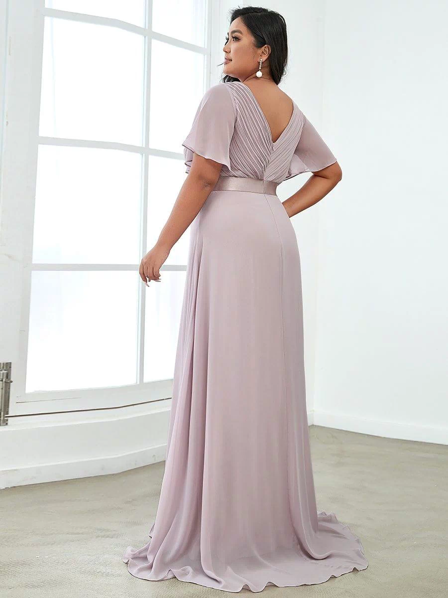 Long Empire Waist Evening Dress with Short Flutter Sleeves #color_Lilac