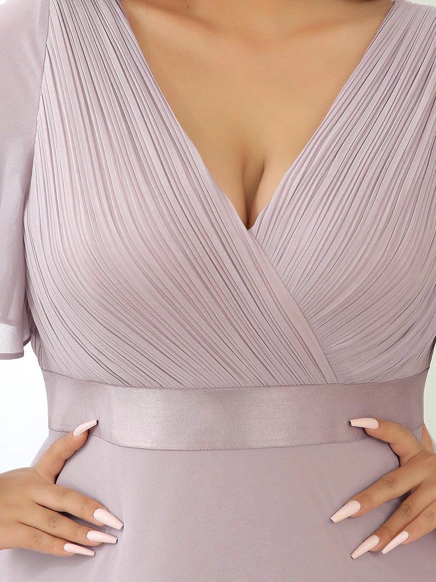 Long Empire Waist Evening Dress with Short Flutter Sleeves #color_Lilac