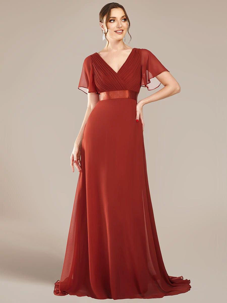 Long Empire Waist Evening Dress with Short Flutter Sleeves #color_Vermilion