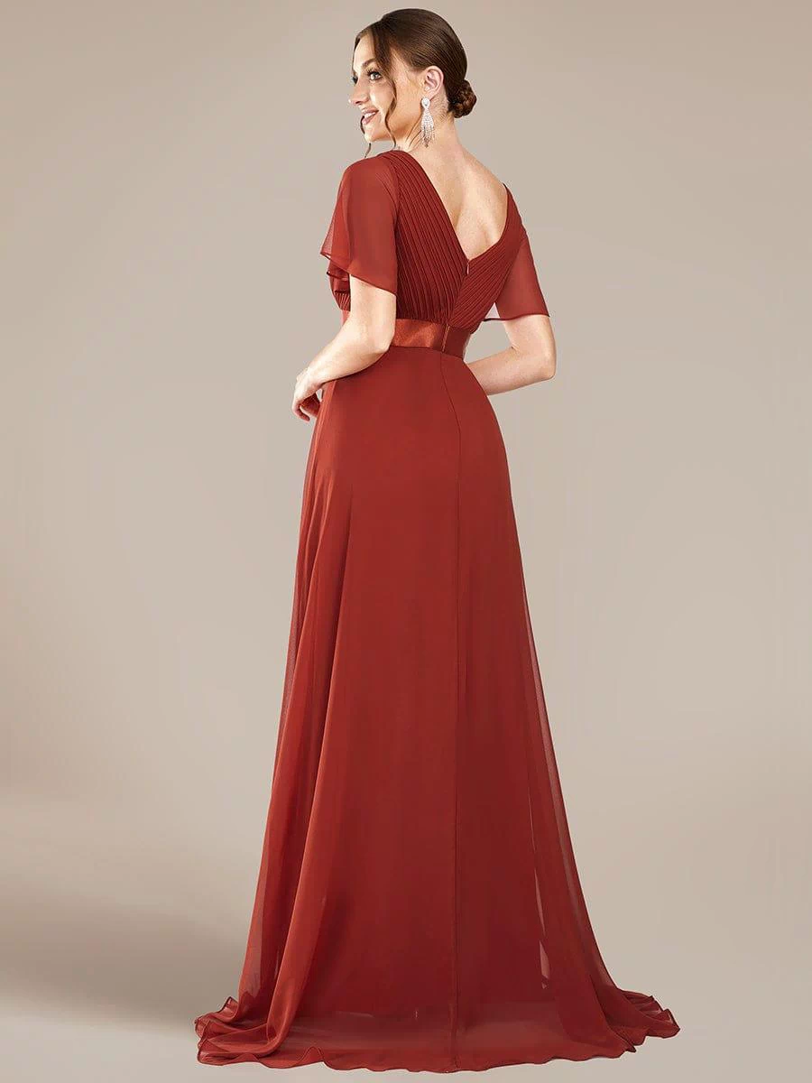 Long Empire Waist Evening Dress with Short Flutter Sleeves #color_Vermilion