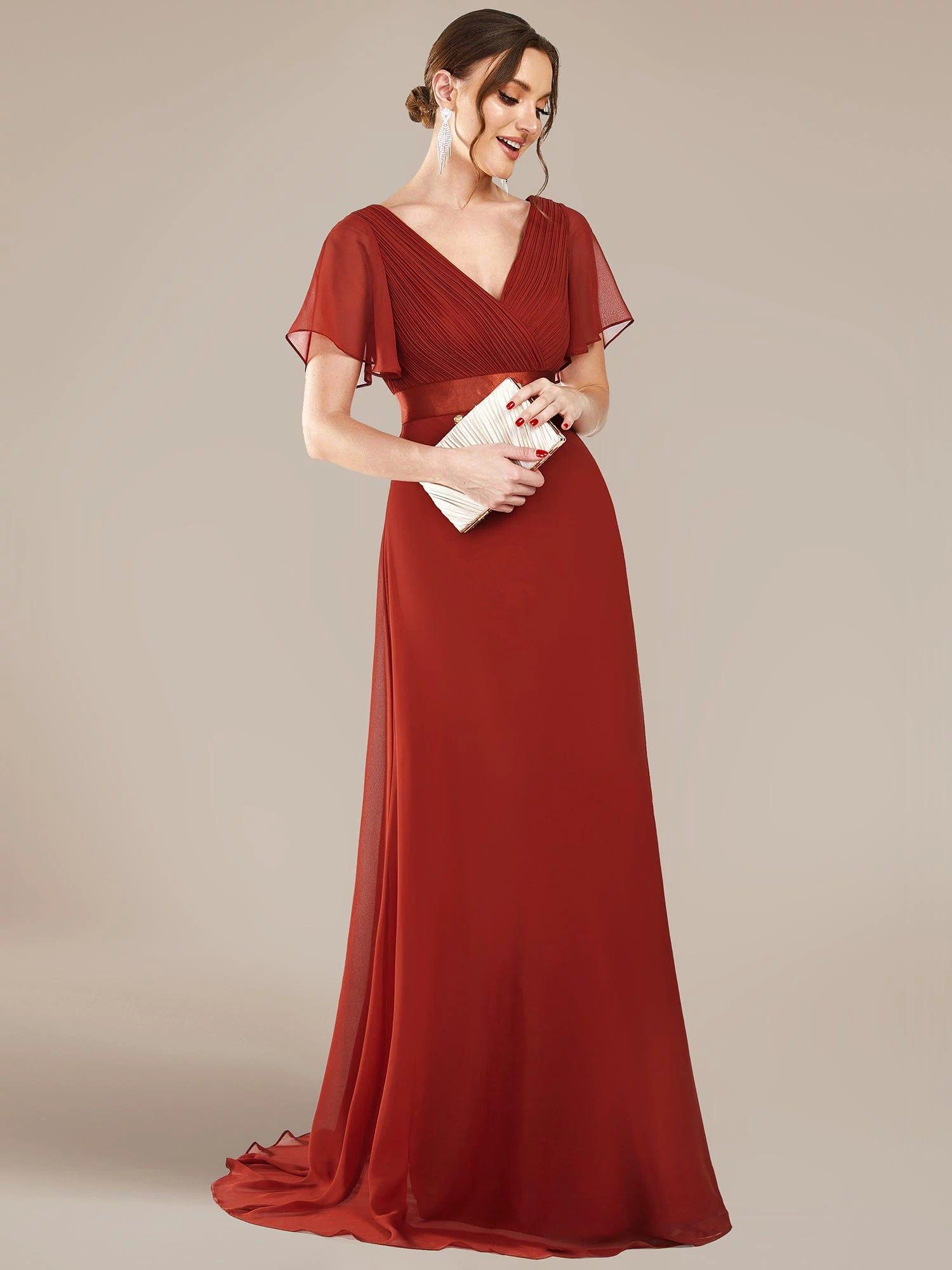 Long Empire Waist Evening Dress with Short Flutter Sleeves #color_Vermilion