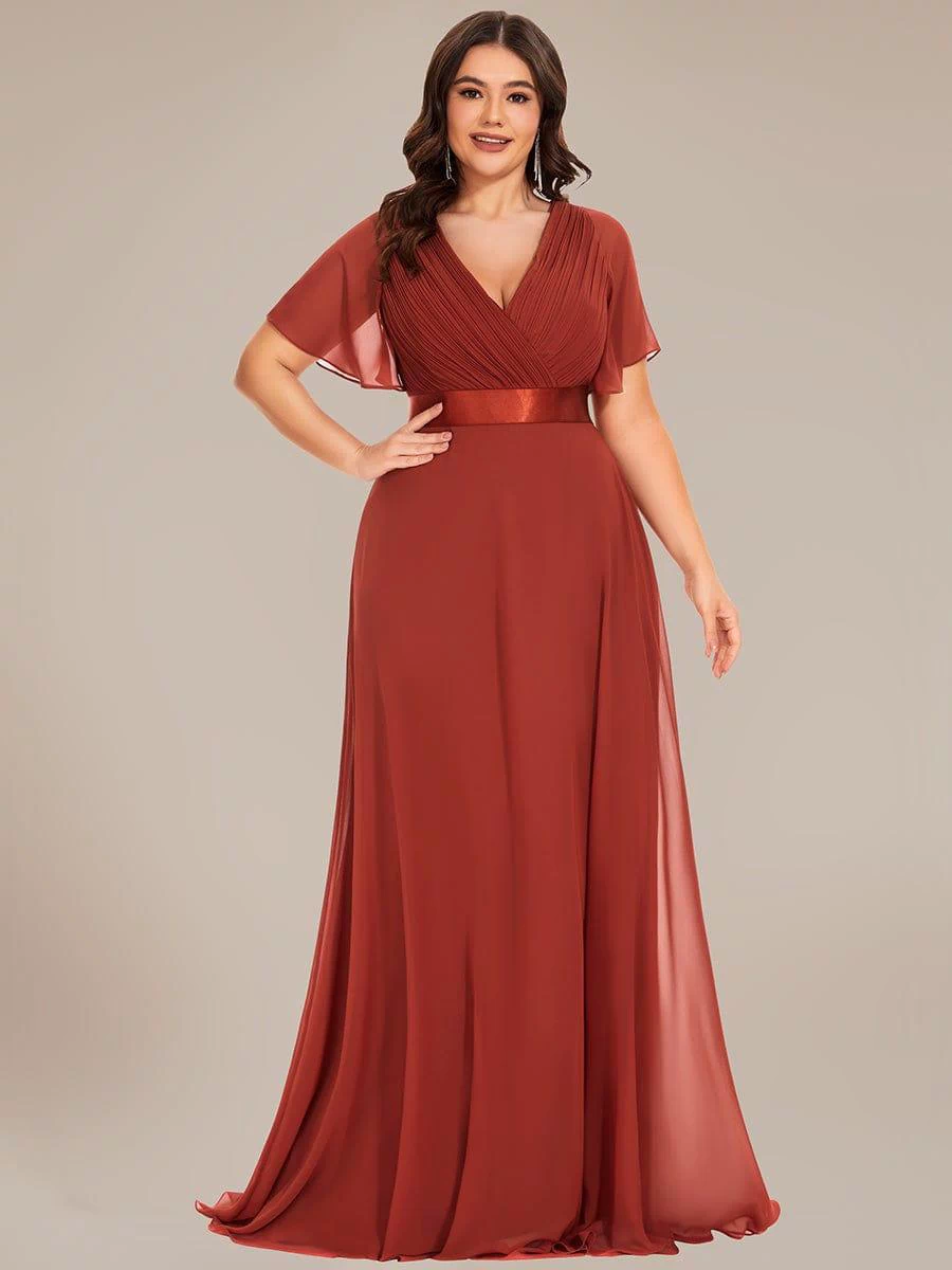Long Empire Waist Evening Dress with Short Flutter Sleeves #color_Vermilion