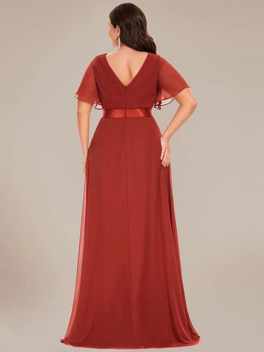 Long Empire Waist Evening Dress with Short Flutter Sleeves #color_Vermilion