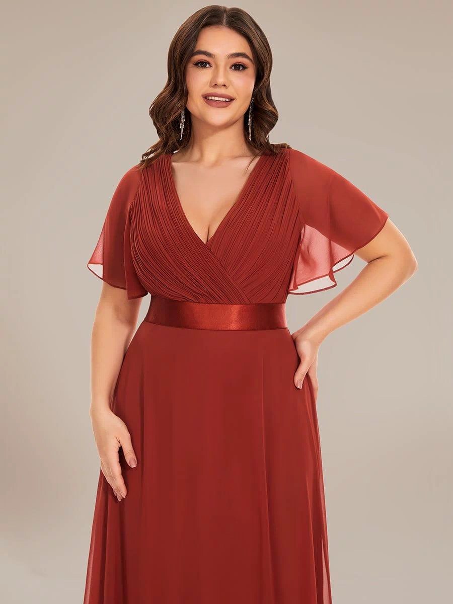 Long Empire Waist Evening Dress with Short Flutter Sleeves #color_Vermilion