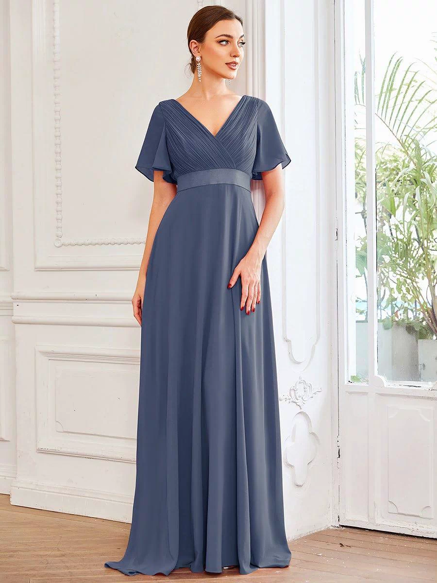 Long Empire Waist Evening Dress with Short Flutter Sleeves #color_Stormy