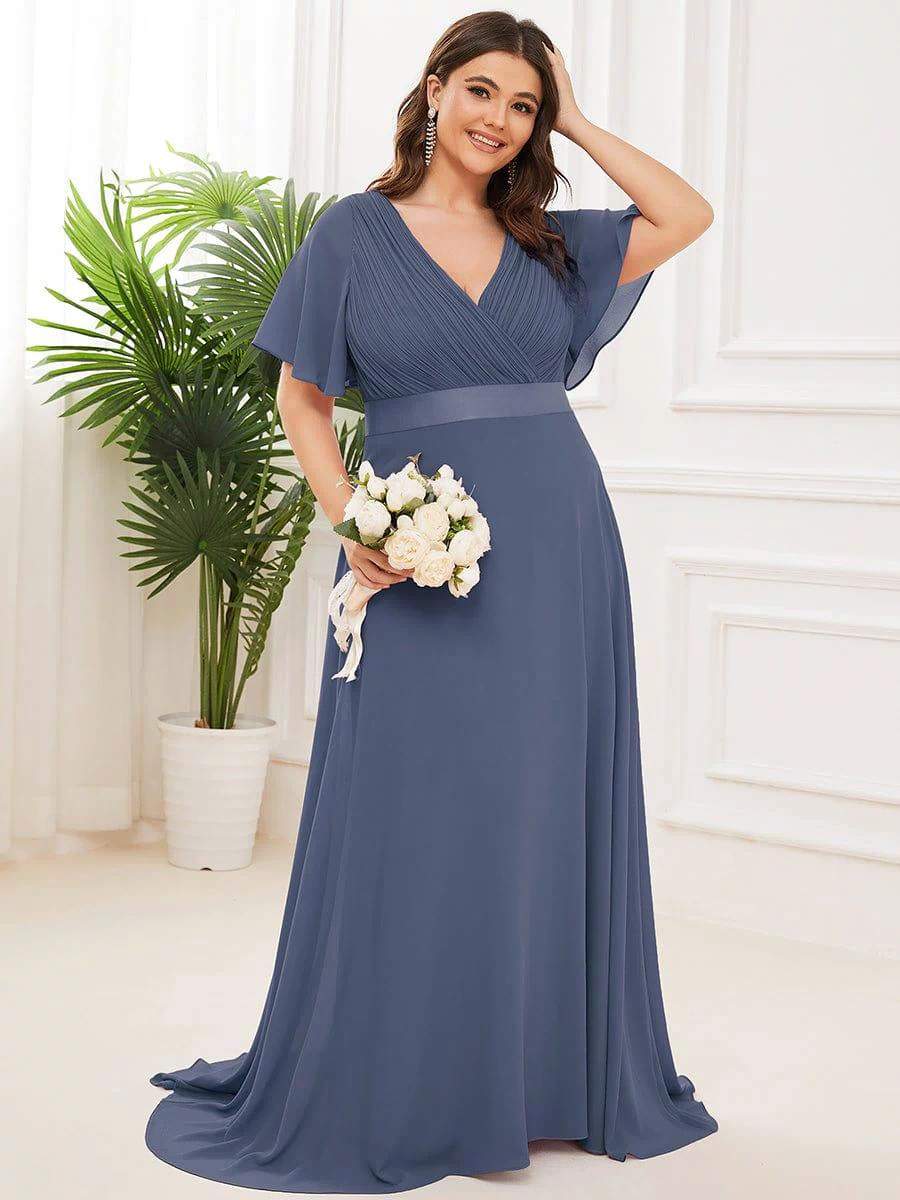 Long Empire Waist Evening Dress with Short Flutter Sleeves #color_Stormy