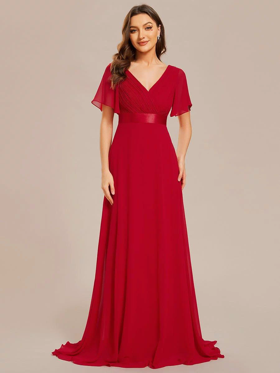 Long Empire Waist Evening Dress with Short Flutter Sleeves #color_Red