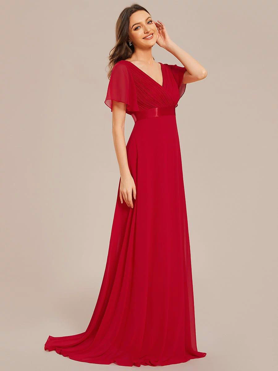 Long Empire Waist Evening Dress with Short Flutter Sleeves #color_Red
