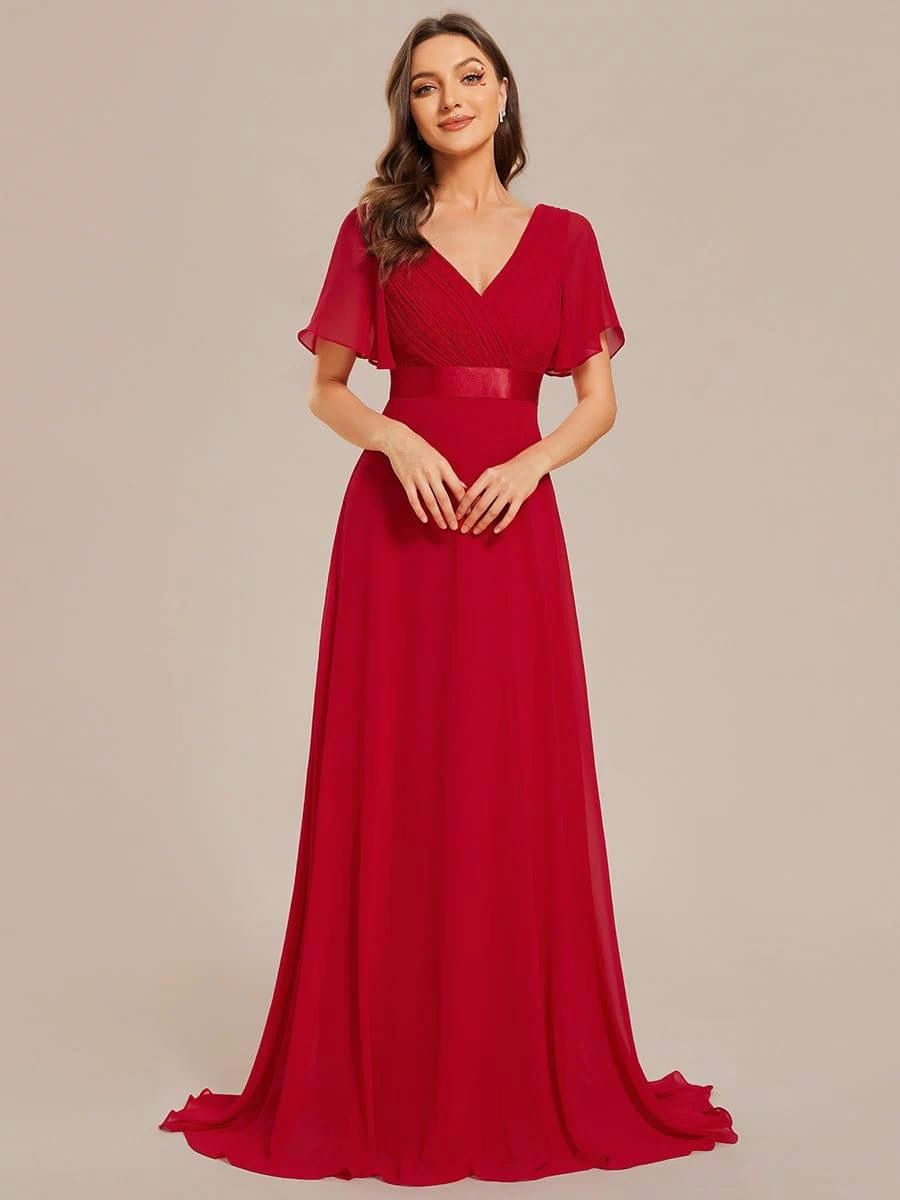 Long Empire Waist Evening Dress with Short Flutter Sleeves #color_Red