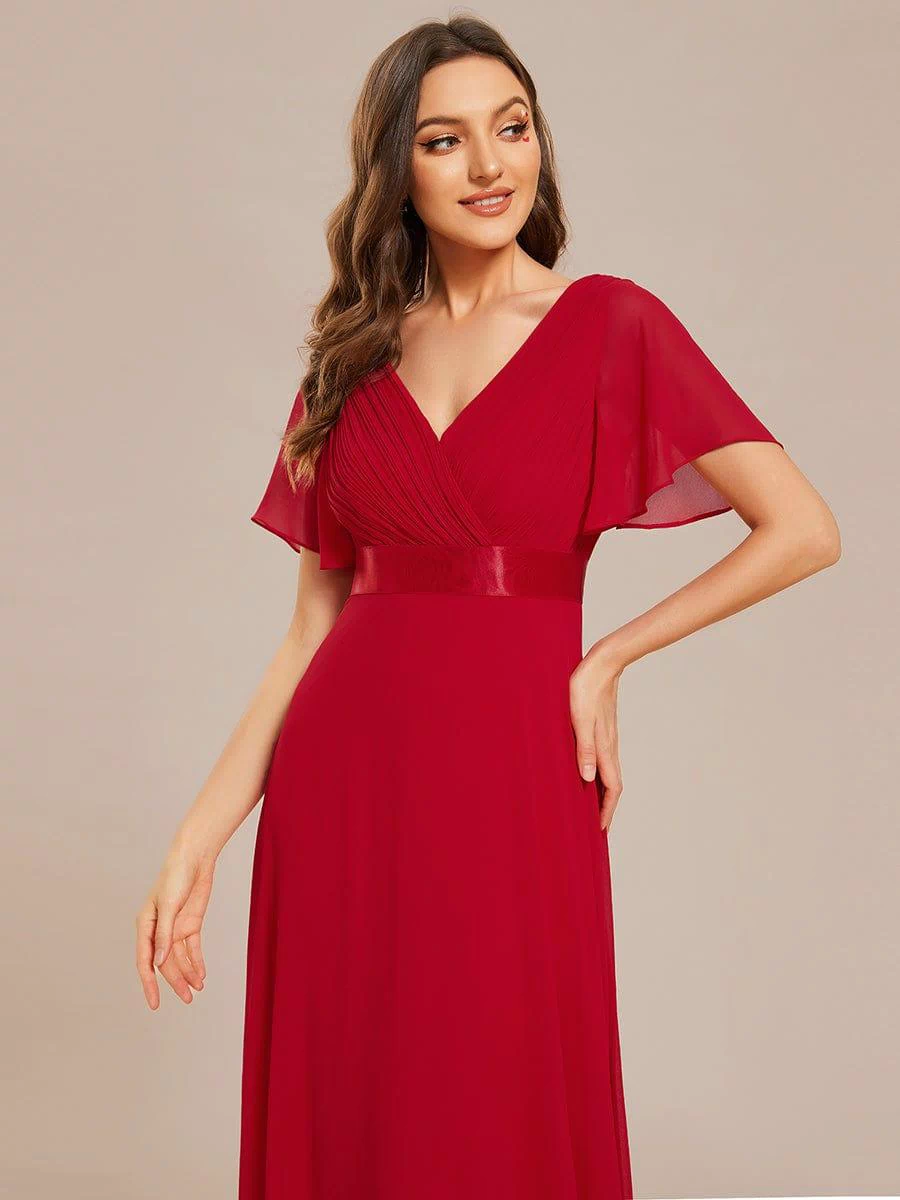 Long Empire Waist Evening Dress with Short Flutter Sleeves #color_Red