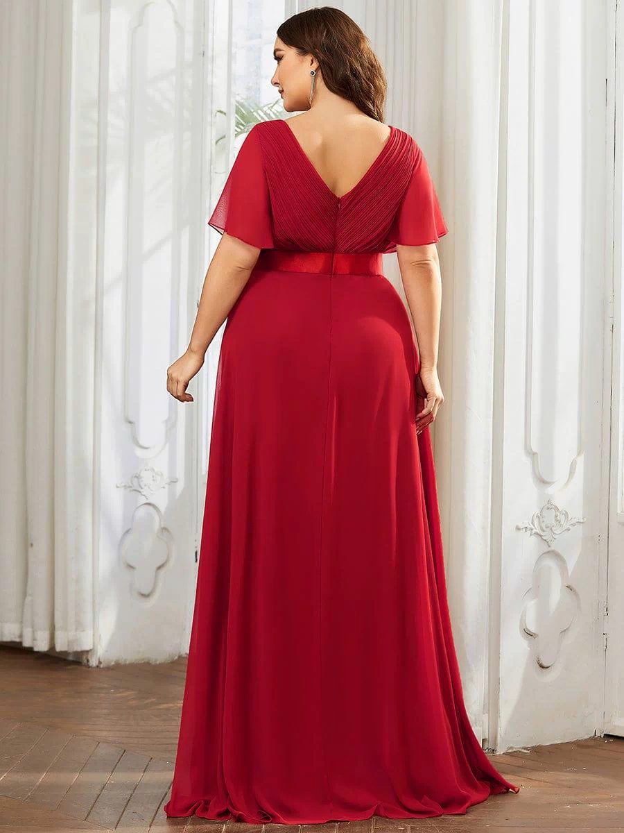 Long Empire Waist Evening Dress with Short Flutter Sleeves #color_Red