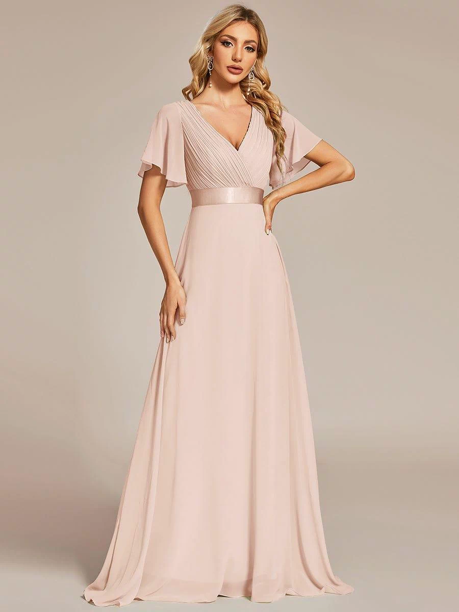 Long Empire Waist Evening Dress with Short Flutter Sleeves #color_Blush