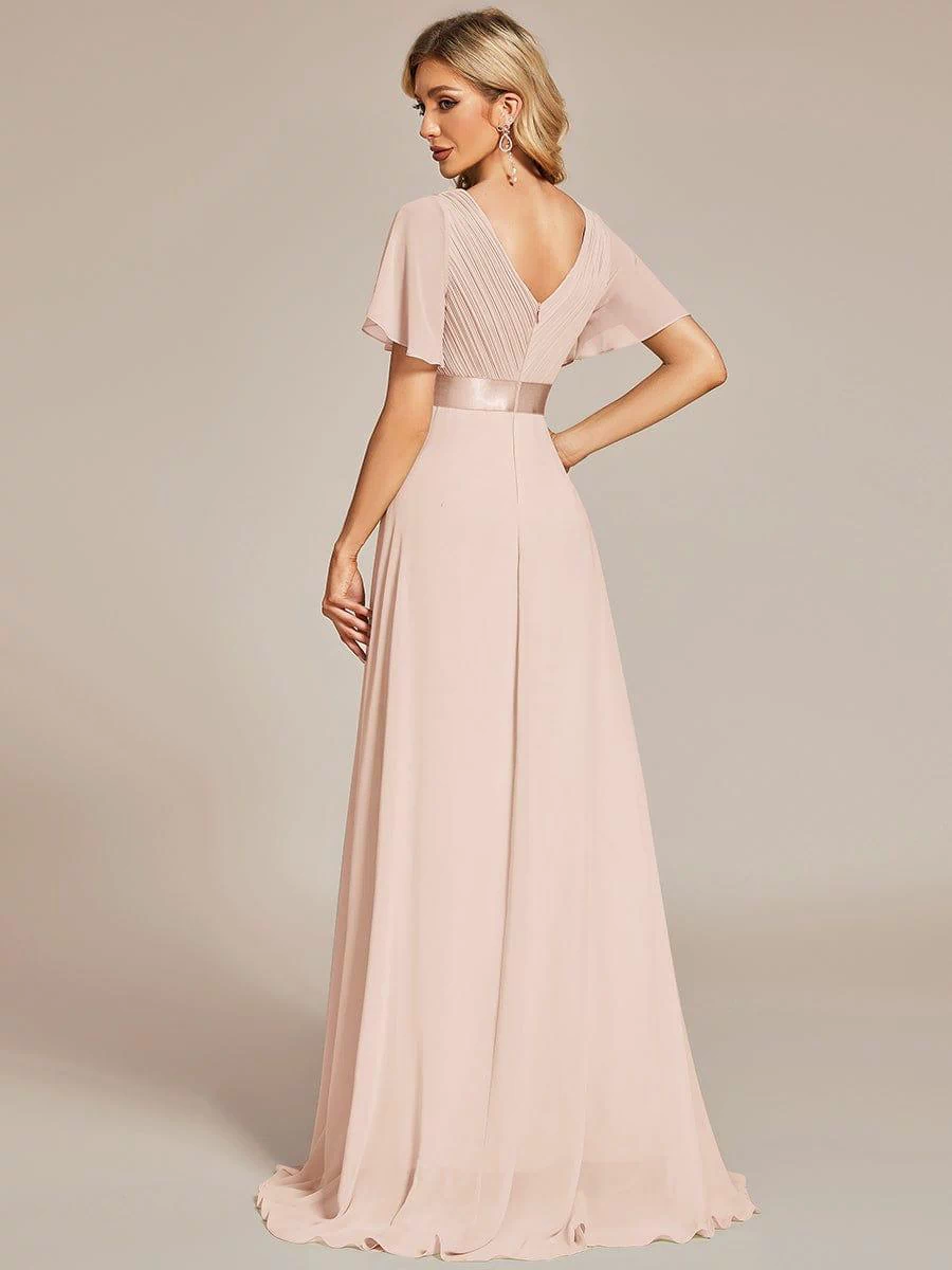 Long Empire Waist Evening Dress with Short Flutter Sleeves #color_Blush