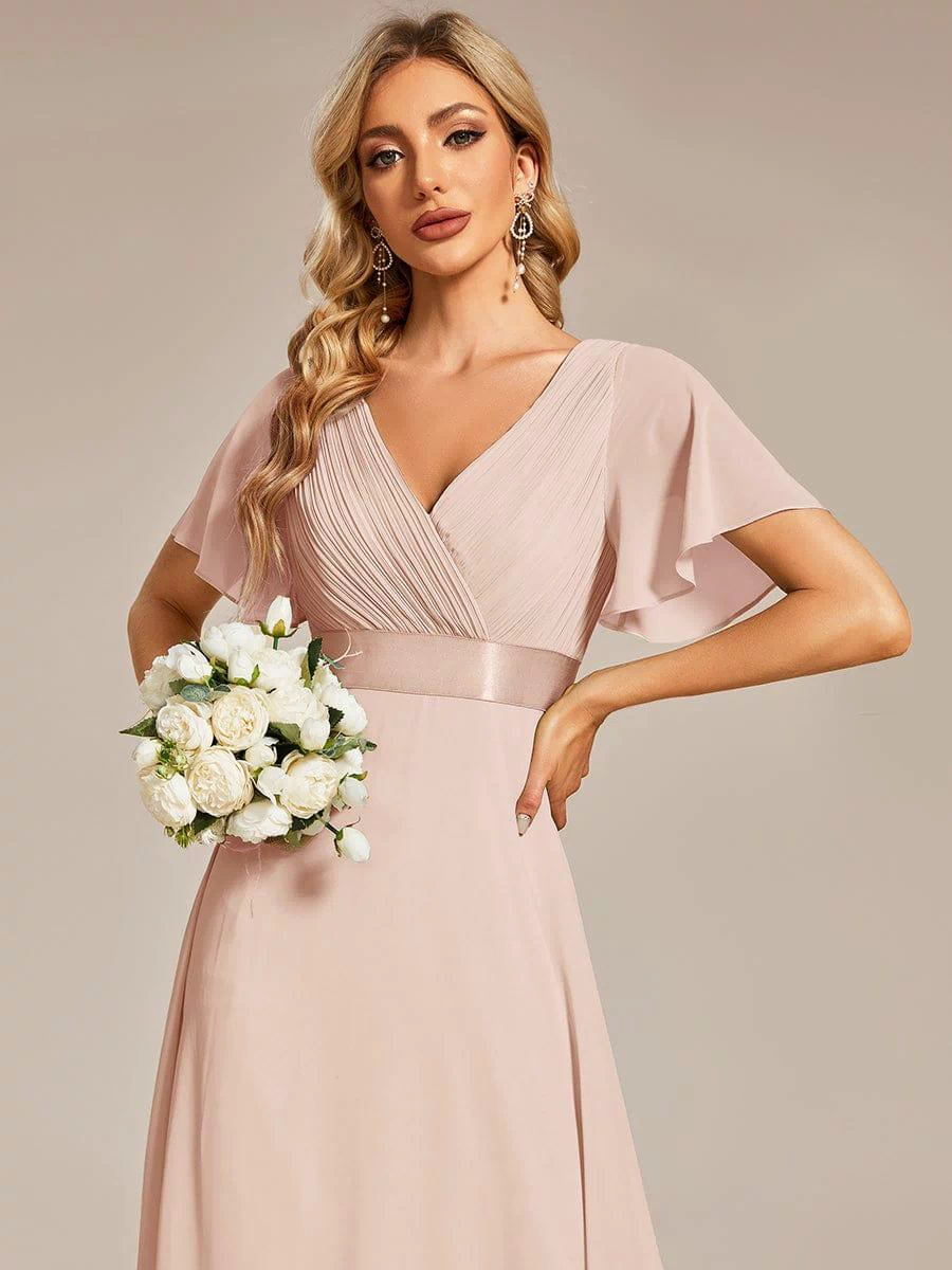 Long Empire Waist Evening Dress with Short Flutter Sleeves #color_Blush