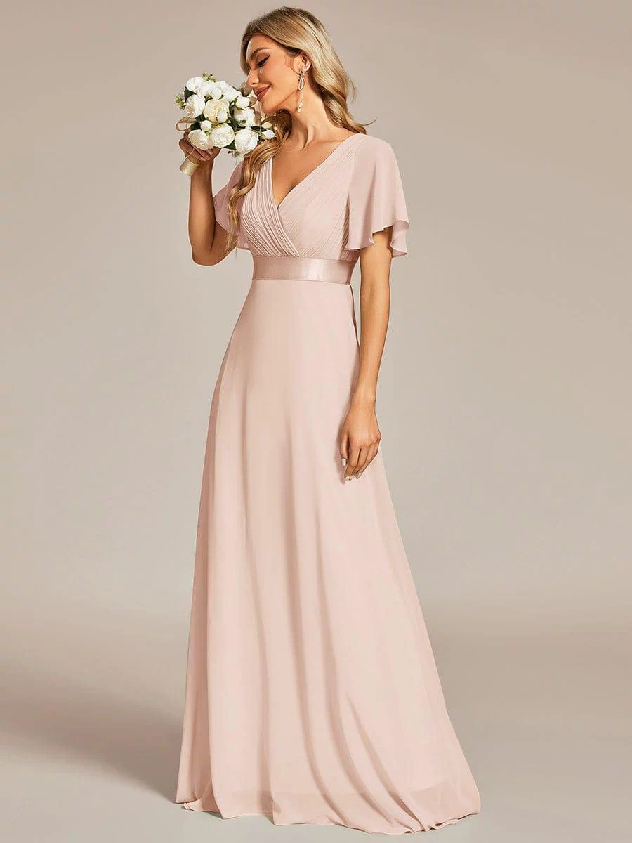 Long Empire Waist Evening Dress with Short Flutter Sleeves #color_Blush