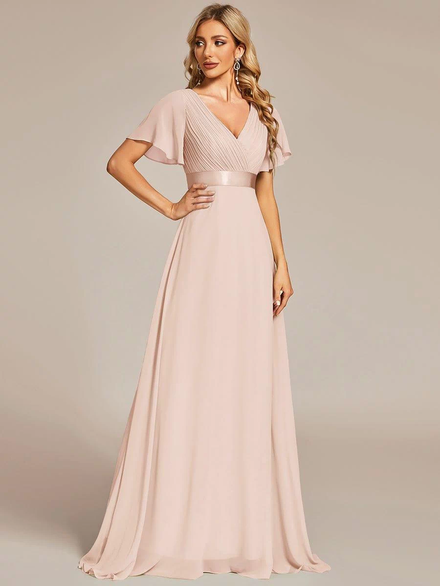 Long Empire Waist Evening Dress with Short Flutter Sleeves #color_Blush