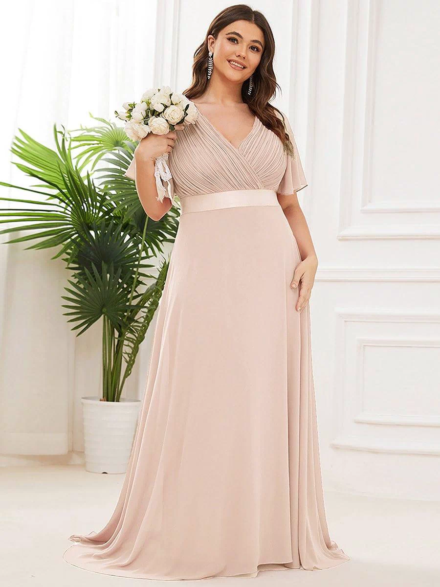 Long Empire Waist Evening Dress with Short Flutter Sleeves #color_Blush