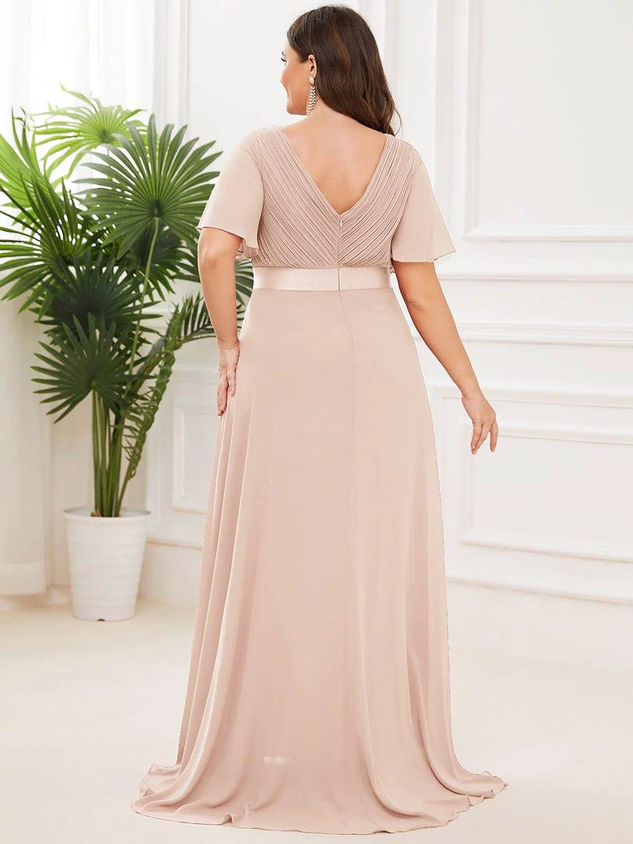 Long Empire Waist Evening Dress with Short Flutter Sleeves #color_Blush